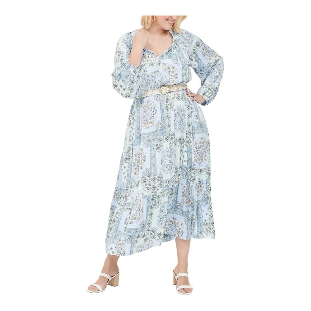 Lane Bryant Long Sleeve Tiered Satin Midi Dress sz 16 Blue Paisley Floral